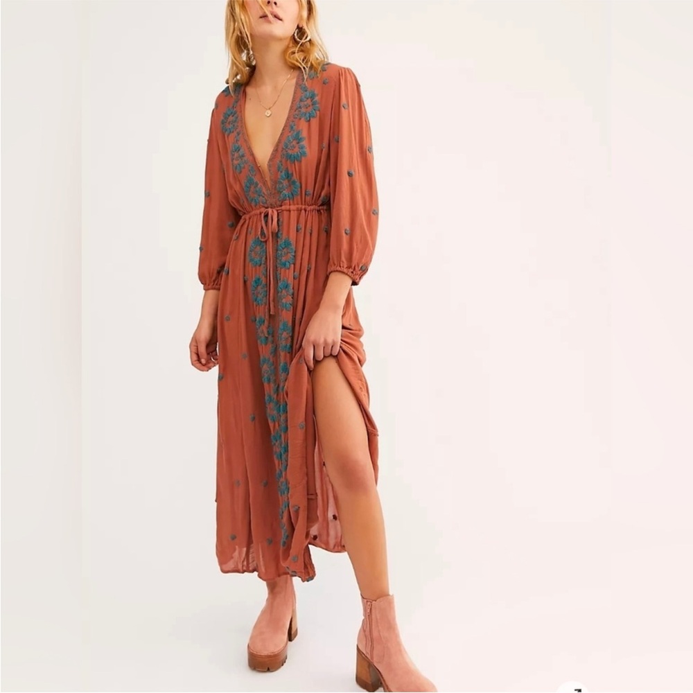 Free People Fable Embroidered V-Neck Long Sleeve Dress Terra Cotta Size XS